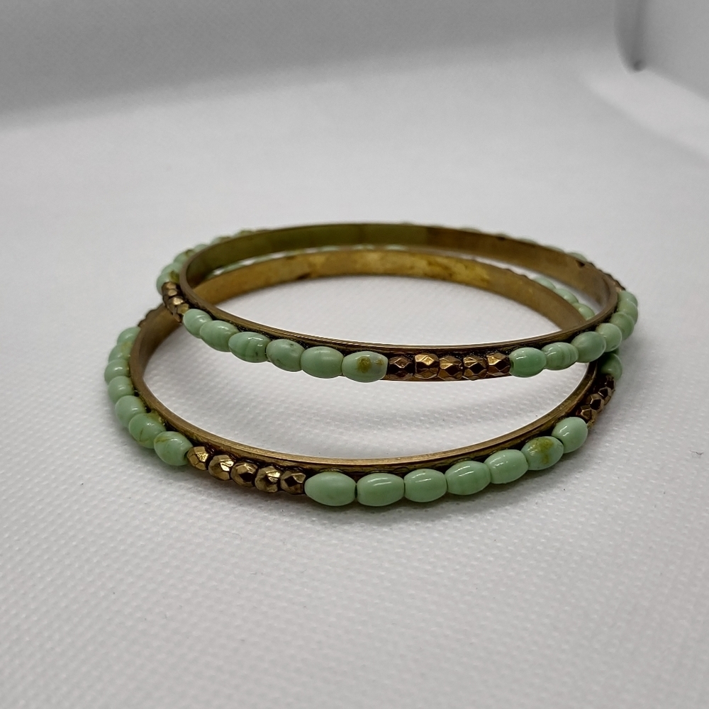 Jade Green Beaded Bangle Bracelets‎ Set of 2